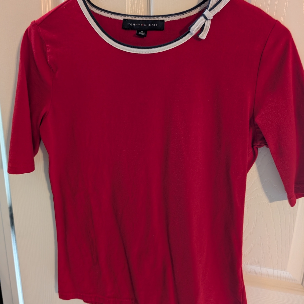 Tommy Hilfiger Red Fitted Tie Front 3/4 Sleeve Tee